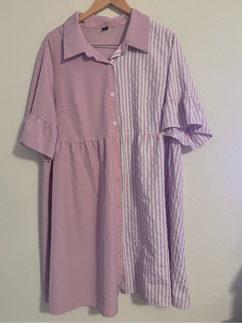 SHEIN Pink Two-Tone Striped Button-Front Shirt Dress